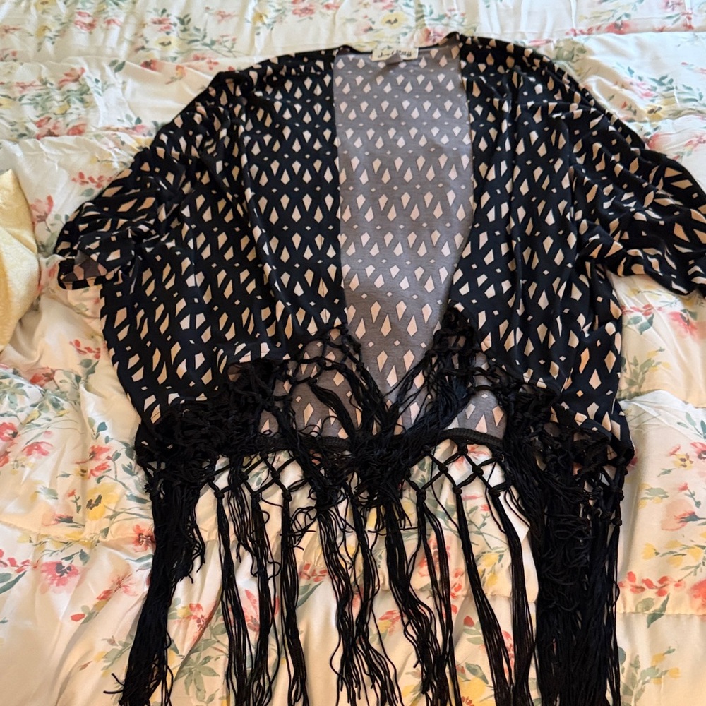 Joseph Ribkoff Black & Cream Fringed Open-Front Kimono